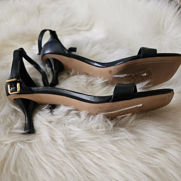 Vince Camuto Black Leather Ankle-Strap Kitten Heel Sandals - Picture 8 of 10